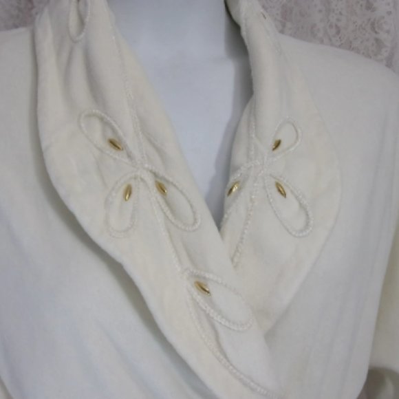 Hamilton Gold, Ivory Velour, Long Robe, Kimono Wrap, 2 Pockets, Gold Embroidery - Picture 1 of 4